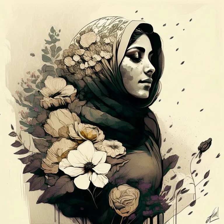 woman, life, freedom, Iran hand-drawn digital art, muted tones, flowers everywhere, REALISTIC