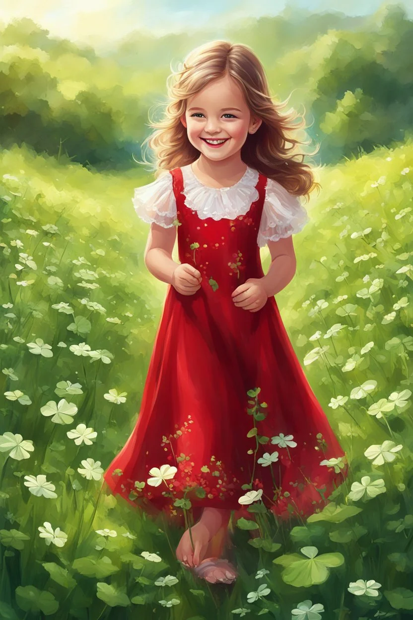 Adorable digital painting of a beautiful little girl in a gorgeous red dress smiling in a field surrounded by clover, high quality