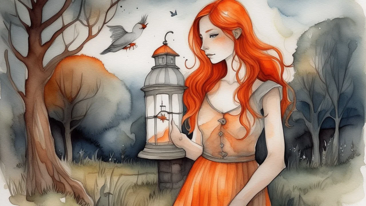 Watercolor painting of a white woman with long red hair, wearing a long orange dress, holding a lantern, in a field with a bird, a tree and a building in the background, monochrome scheme, soft and diffuse lighting, rough textures.