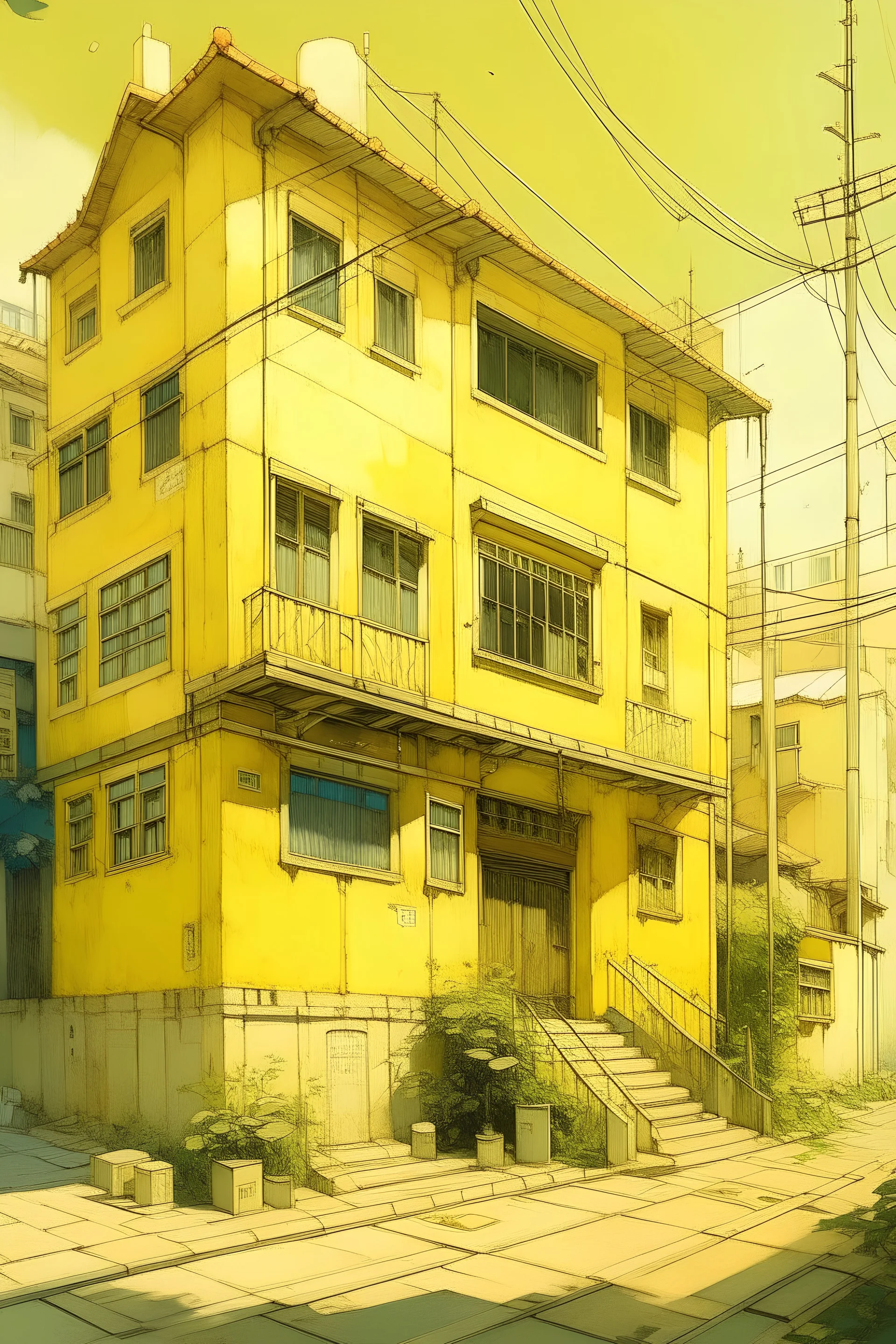 A light yellow house of mystery in a city in daylight painted by Zosan