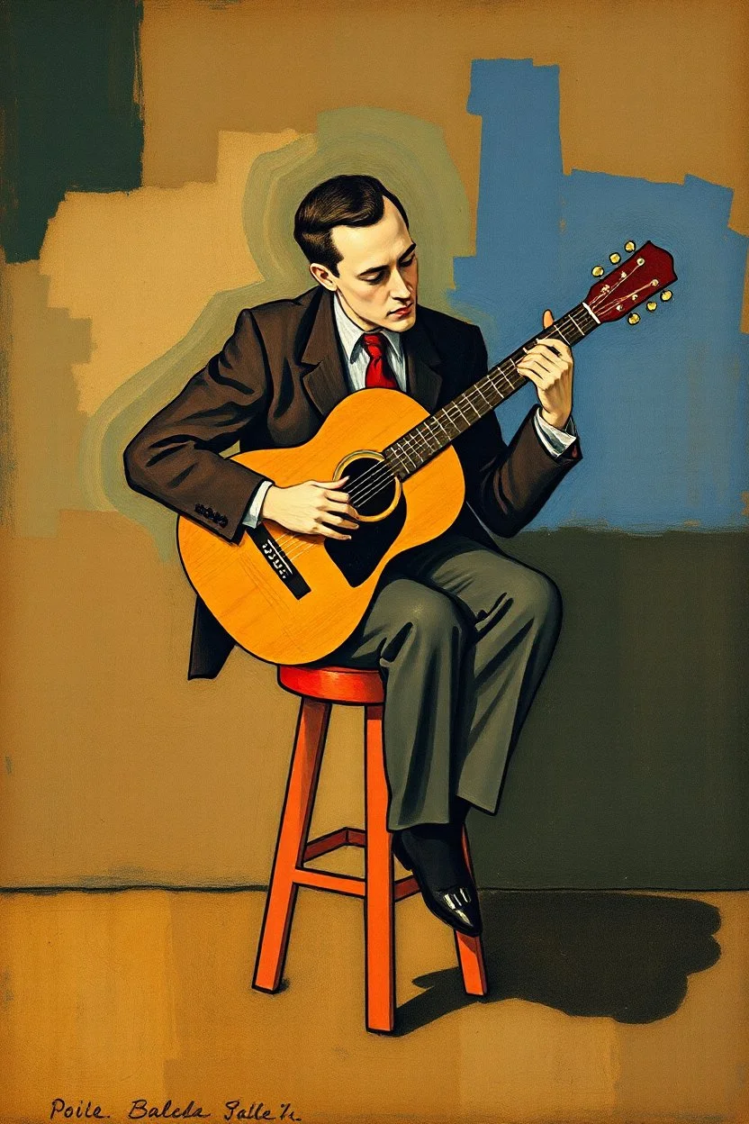 a jazz guitar player sitting on a stool in the style of Paul Klee