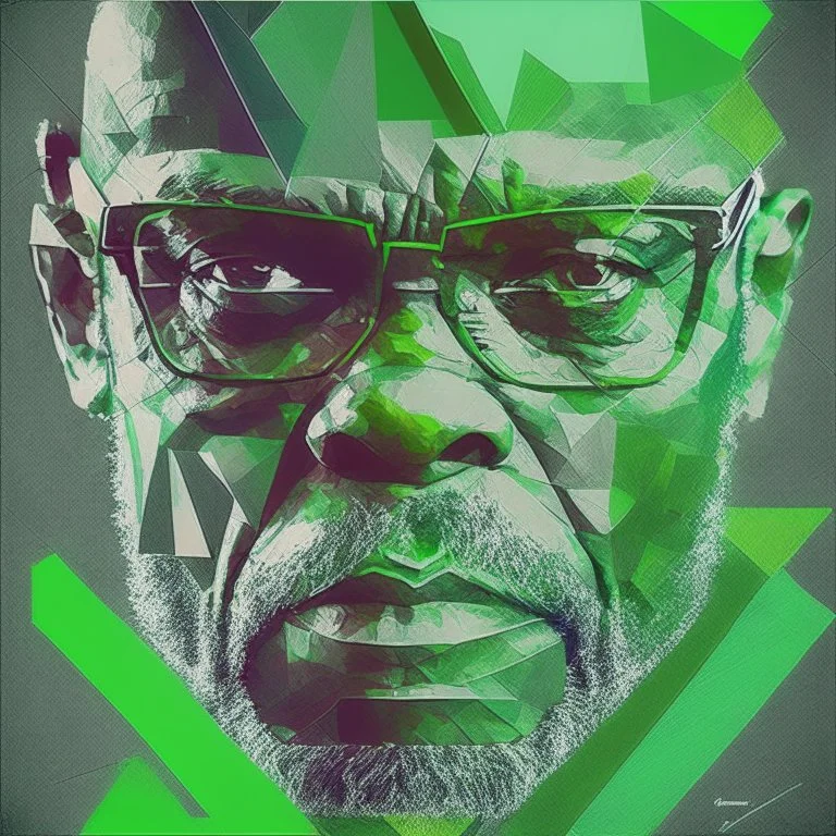 Samuel l jackson, green filter abstract face portriat cubism transformation painting, soft brush