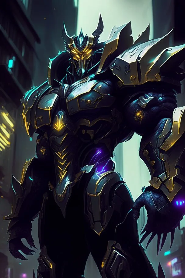 Galio from league of legends in black cyberpunk style