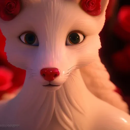 Full body shot of a translucent white marble statue of a fox looking in camera with piercing red ruby eyes and Kintsugi, cracks, opal Kintsugi, opalescent, backlit, ruby red detailed eyes, no blur, ornate, beautiful, red roses all around ethereal design, cinematic by Craig Mullins, artstation, pete morbacher, hyper detailed, volumetric lighting, beautiful, elegant, masterpiece, high detail, artstation, rendering by octane, unreal engine, detailed soft shadows, ethereal, cinematic, --v 4 --v 4