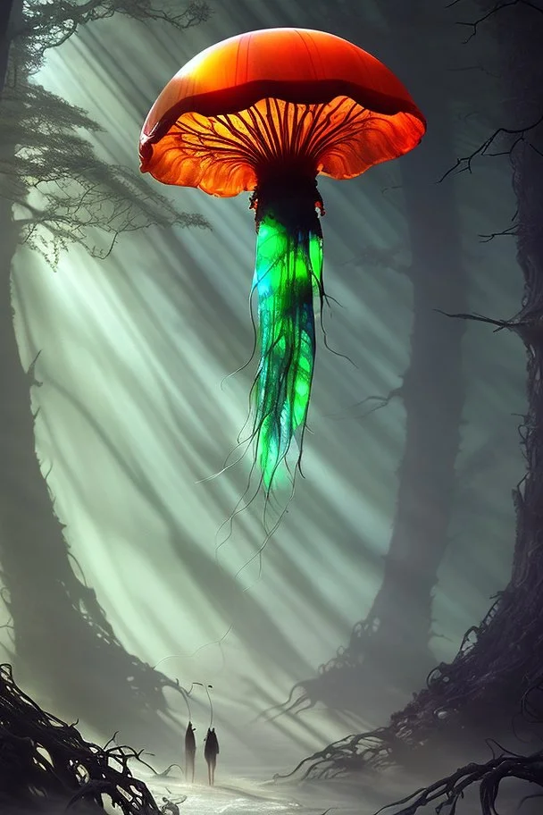 Alien forest with an umbrella made from a jellyfish, photorealistic, Detailed Matte Painting, Deep Colour, Fantastical, Intricate Detail, sunshine, blue sky