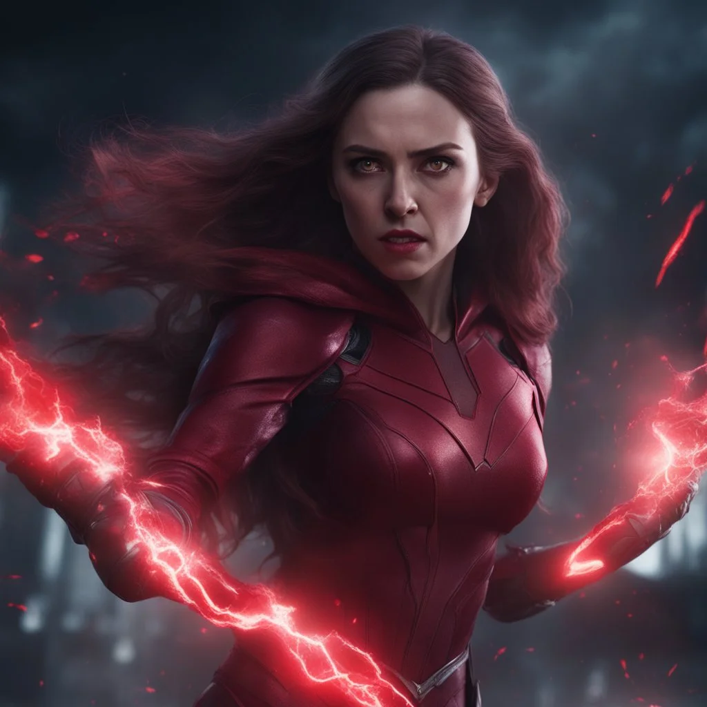 wanda maximoff com olhos vermelhos de magia, destruindo tudo, mulher ameaçadora, terror, 4k render, cores escuras, cinematográfico