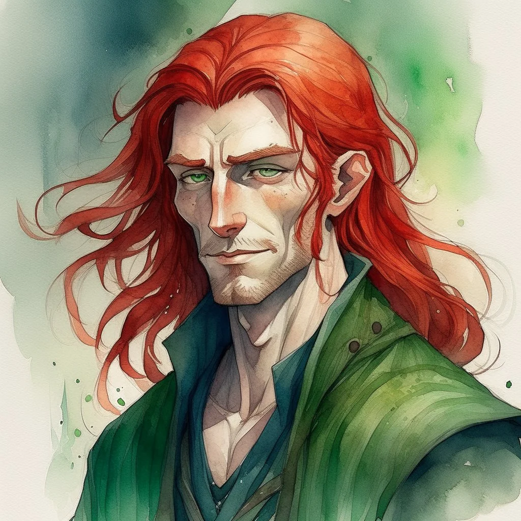 dnd, fantasy, watercolour, large strokes, stylistic, portrait, illustration, dull colours, male, face, narrow long face, weathered face, green eyes, determined, smiling, red hair, very long hair streaming down the shoulders, radiating light, five o'clock shadow, elegant