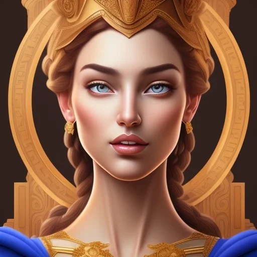 Disney Portrait of greek goddess ATHENA " with elegant old greek apparel.extremely detailed face, ,perfectly centered image,intricate detail.dark hair, sharp dark eyes, bright blue lighting, sarcastic smile, sharp focus hair.MILO MANARA style