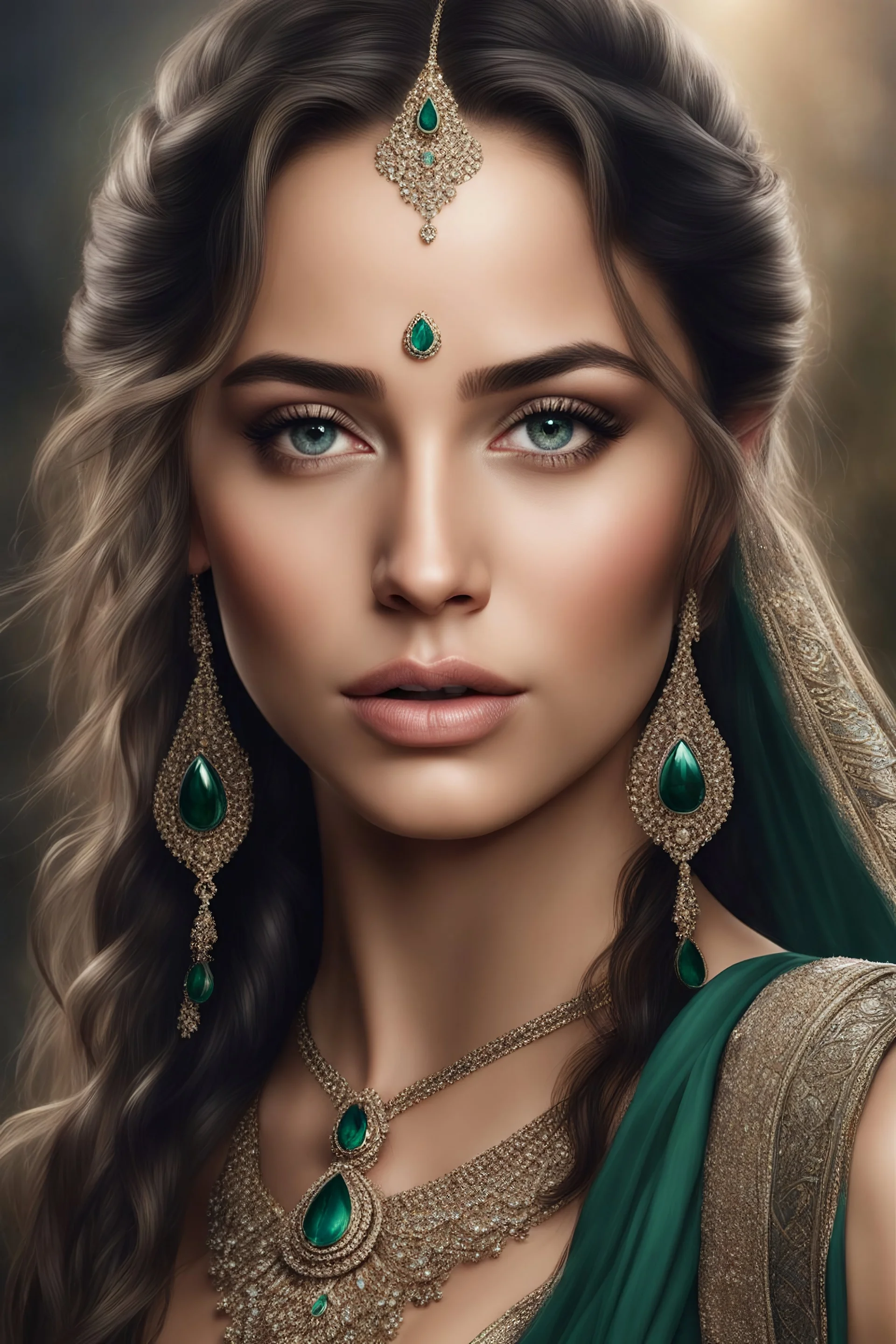 The Lord of the Rings - head and shoulders portrait, Photorealistic, hyperrealism, Dazzling, Complex, dramatic, bold, attractive Cinderella, perfect, Athletic, toned body with tanned skin, perfectly formed body, Emerald City, extremely detailed, lipstick, eyeshadow, eyeliner, mascara, rouge