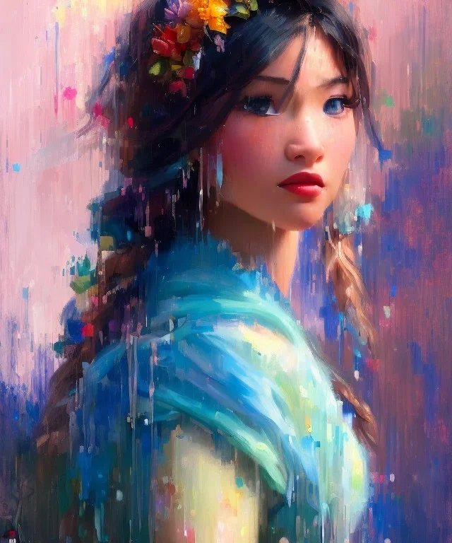 realist impressionist portrait of "The Curious Female" by Ross Tran rework. Masterpiece, best quality, painted impressionist brush strokes. paint drips and drabs and splatters by and by art nouveau and richard schmid . Paint spatters, drips, drabs, dynamic, artstation, artgerm