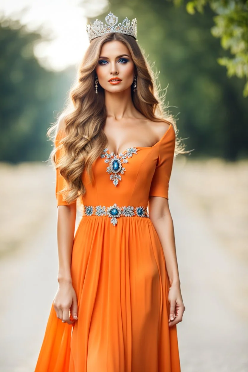 very beautiful ukrain lady wearing orange_blue pretty maxi flared dress with hair silver crown ,standing idle pose