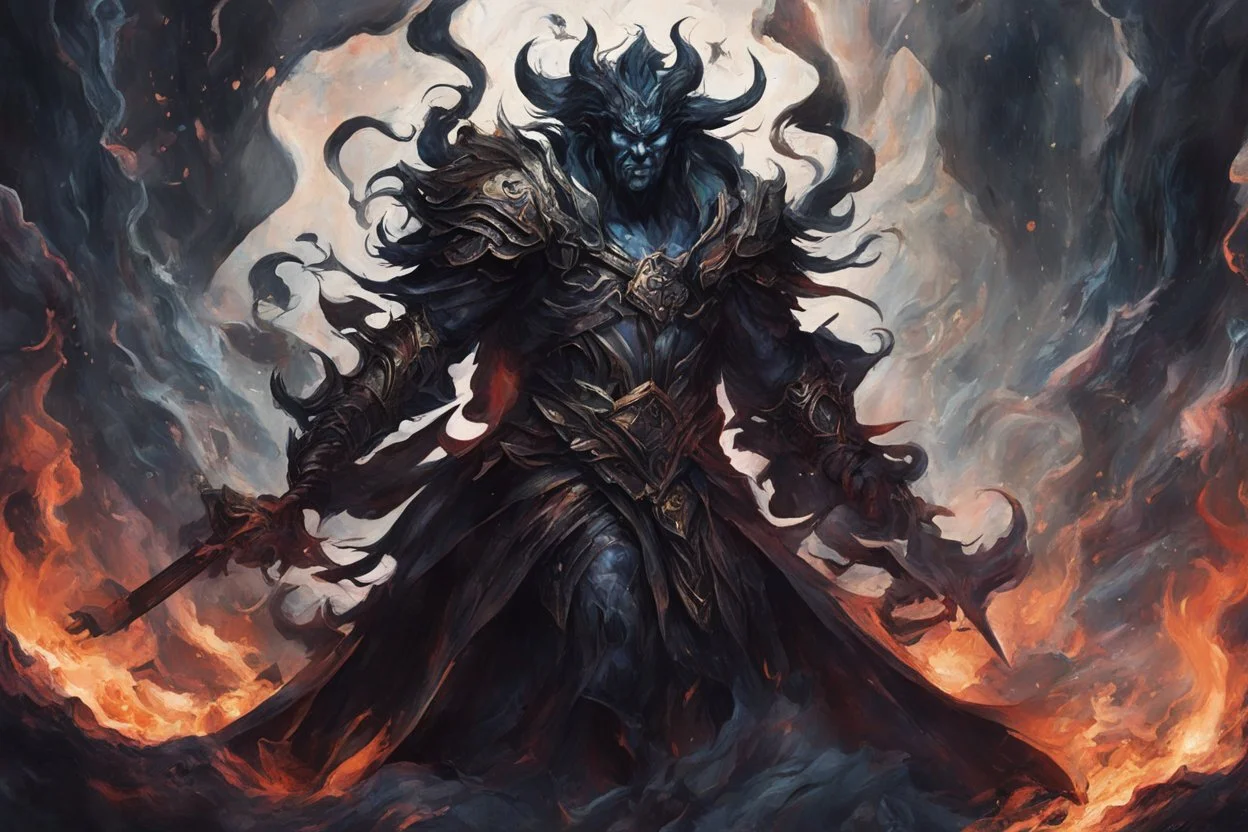 A visually striking and abstract representation of Hades, utilizing deep hues and complex shapes to evoke the mythical and godly aspects of his character, (visually striking abstract representation:1.4), (Hades, the mythical god:1.5), (deep hues and complex shapes:1.3), (expressive and godly ambiance:1.2), drawing inspiration from abstract interpretations of classical mythology