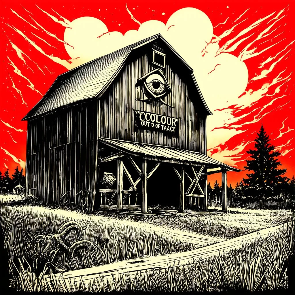 gnarly color cosmic horror illustration from golden age of Weird Tales, by Bill Elder, faded colors, dark negative space, TEXT "COLOUR OUT OF SPACE" in vintage block font, surreal, nihilistic, segmented separated lovecraftian glowing eye tentacle corruption on small barn, meandering offset coherence across multiple diagonal offset separated panels, minimalism, foreboding photo negative prismatic spray, Eldritch atmosphere