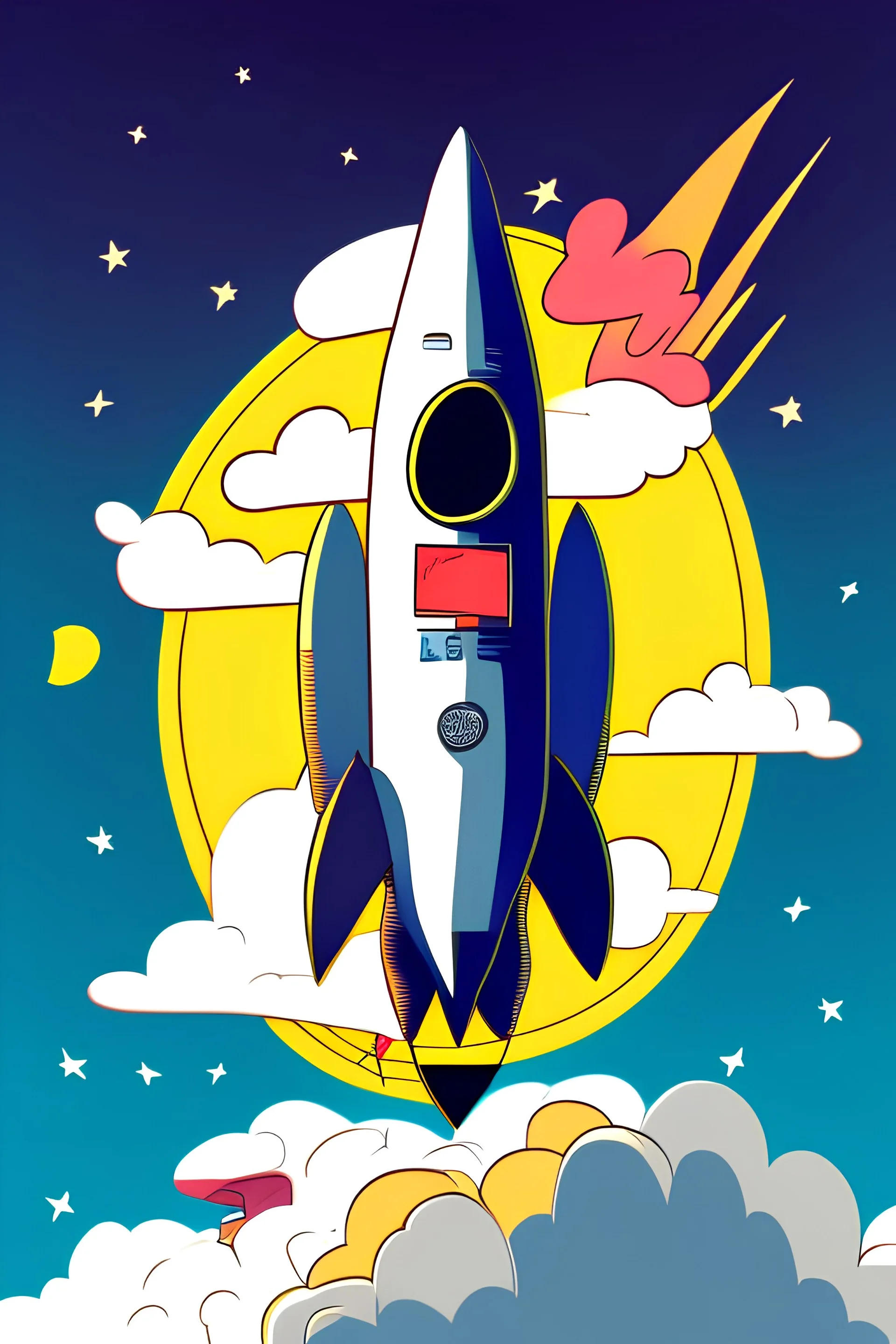 Rocket, cartoon style, rising towards the moon