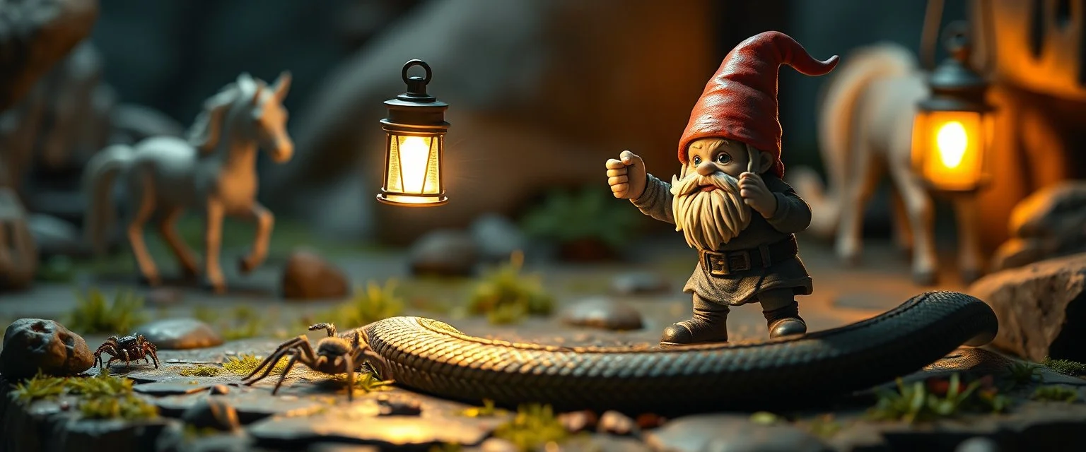 air brush 3d with pen outline, In the background, another tiny gnome carrying an absurdly powerful lantern suddenly shines a bright spotlight directly onto the snake and performs a ridiculous little victory dance. A tiny spider crawls across the board while a miniature unicorn calmly wanders through the background. Detailed miniature fantasy environment, expressive gnome faces, exaggerated physical comedy, realistic materials, cinematic camera movement, shallow depth of field, warm lantern light