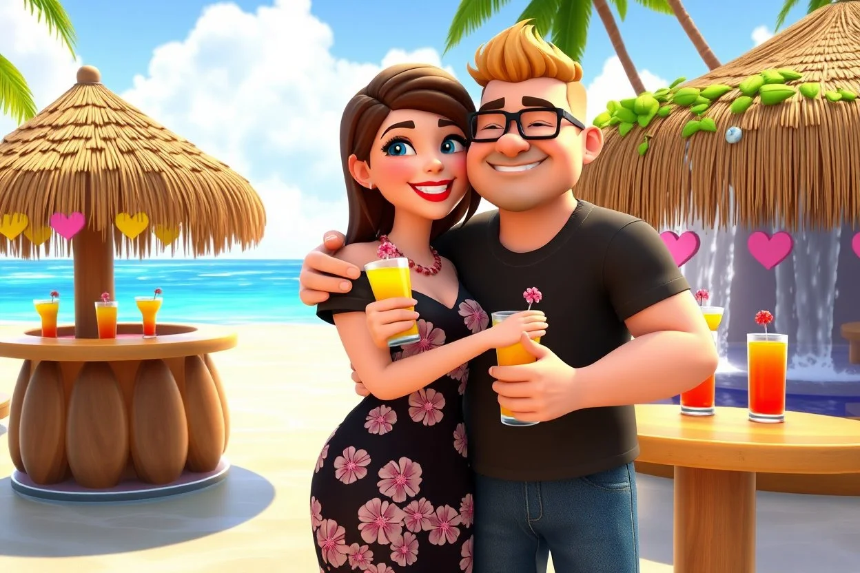 3D video game characters, a brown-haired blue-eyed plus sized woman in a black dress with white and pink flowers hugging friendly a short blonde haired thin man wearing eyeglasses, t-shirts and jeans at the beach in sunshine, tiki bar, cocktails, hearts, waterfall, happiness