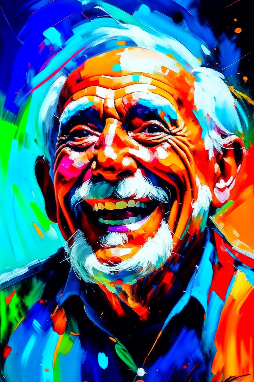 Old man laugh happy in abstract expressionist painting in vivid colors, thick impasto brushstrokes, spontaneous drips and splatters, texture and movement, explore emotions and ideas through non-representational forms --v 5.2