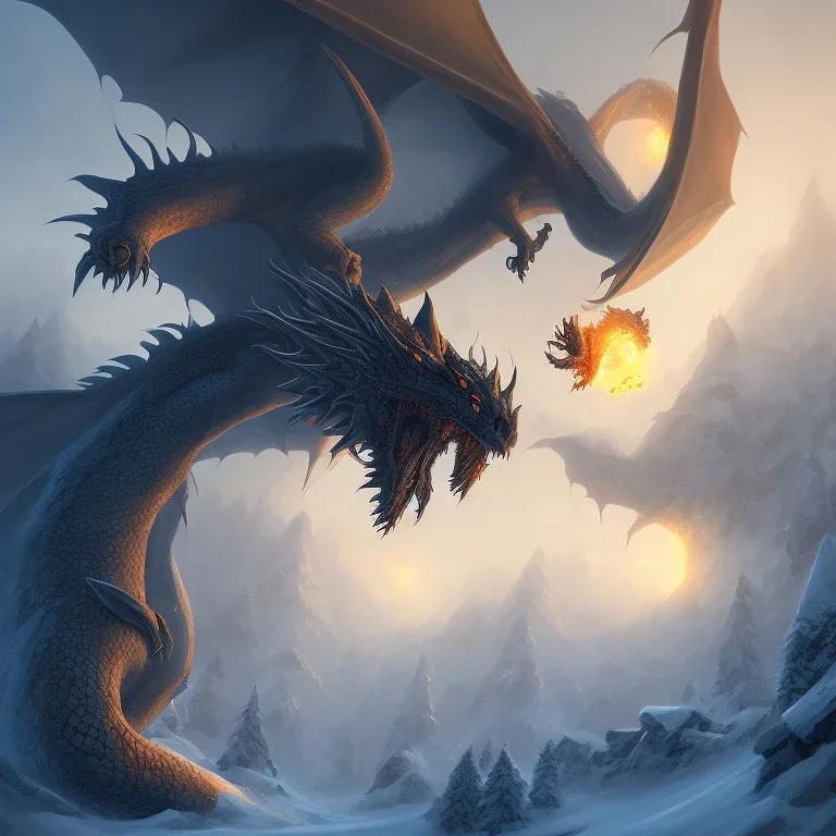 gigantic battle with a dragon in winter