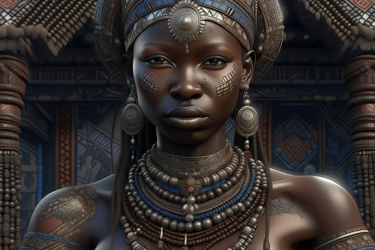Beautiful African village woman, hyper-realistic, hyper-detailed fantasy art; elegant, intricate, detailed, symmetrical face, accurate anatomy and eyes. no watermark. Modifiers: highly detailed elegant award winning fantastic view