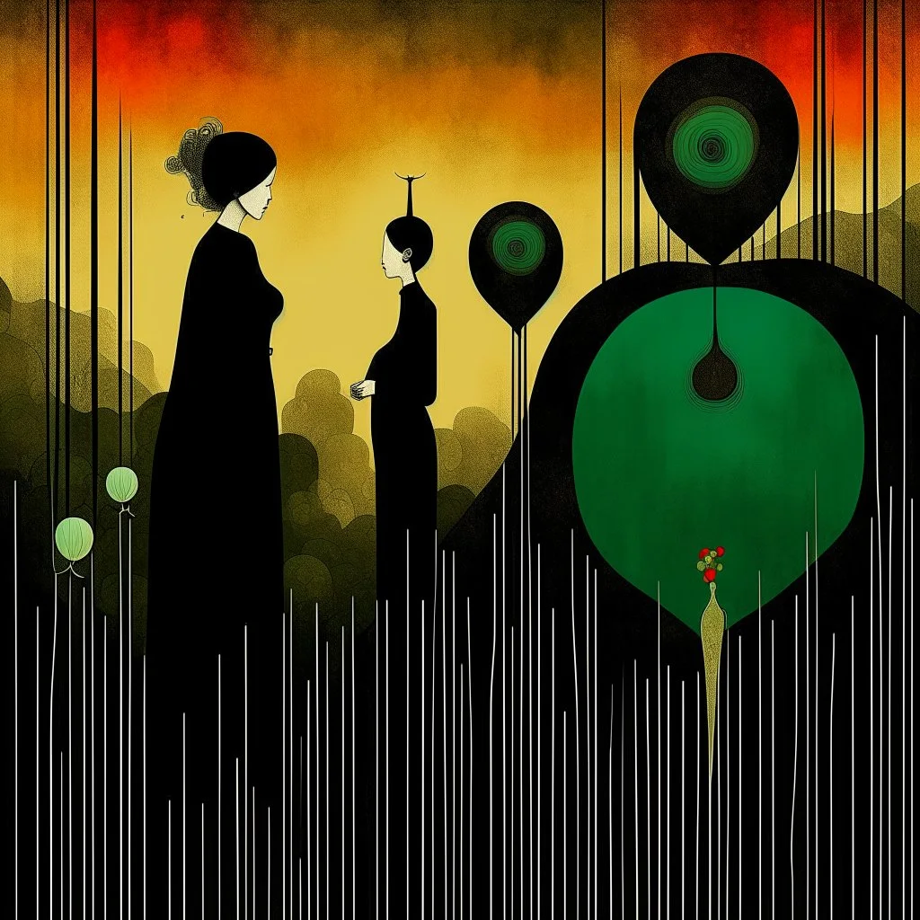 Negotiating dream frequencies culminating in a fetal absurdity, by Gabriel Pacheco, ink illustration, Green and black color scheme, abstract surrealism, art nouveau