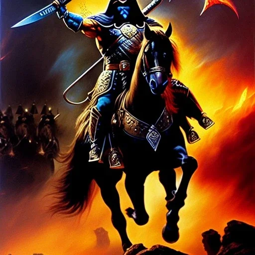 portrait oil on canvas, Death Dealer riding black horse ,shield right arm, axe left arm,comic book cover, mystical colors,insanely detailed,realistic,intrincate detail, 16k resolution, masterpiece,Frank Frazetta,Alex Horley, Simon Bisley,Oscar chichoni