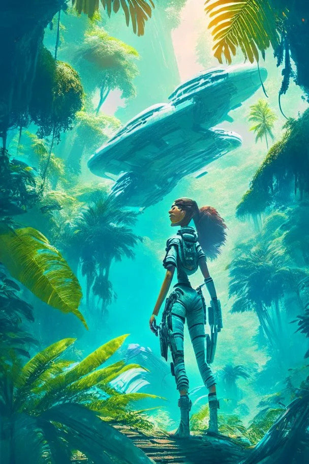 futuristic woman standing on one side of a large spaceship, in a jungle clearing with a blue sky