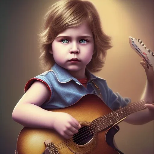 Mystery Kurt cobain toddler, full body, guitar, dramatique, art background, dramatic lighting, volumetric lighting, hyperrealisme, 8k, high quality, lot of details, fit within portrait, hyper realistic, unreal engine 5, uhd