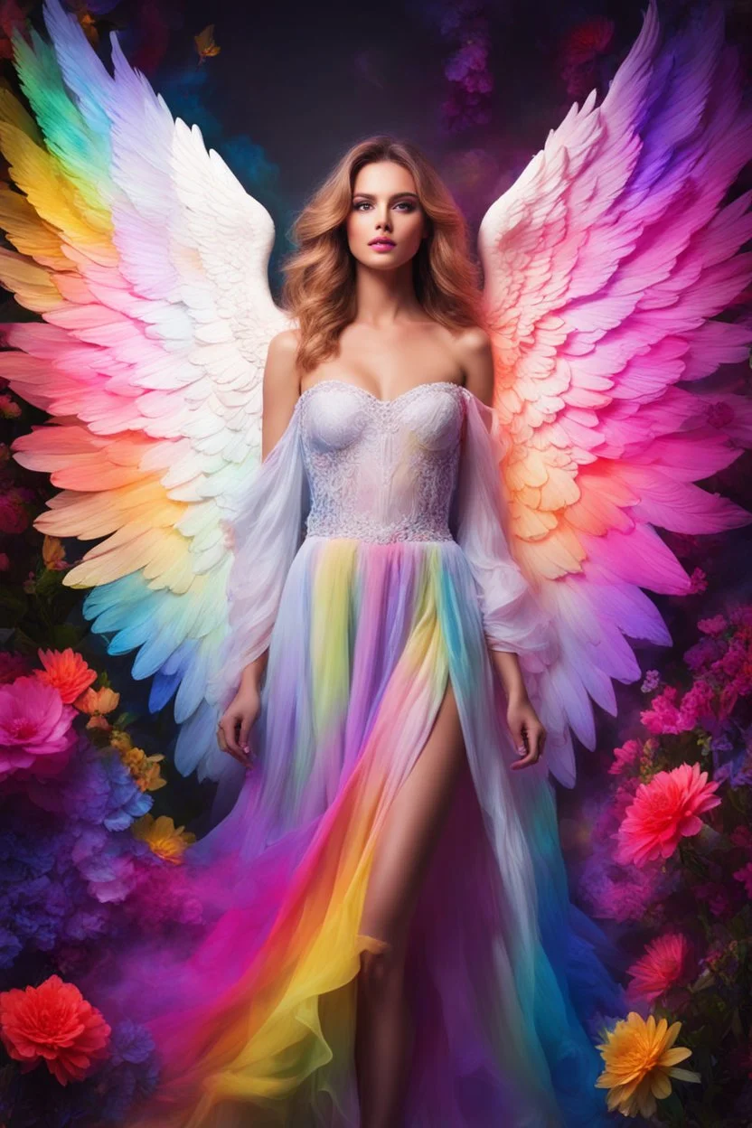 Gorgeous Realistic Photography Super Model European Beautiful Woman as Angel with clothing abstracts flowers luxury casual party dressing painting art neons rainbow colors glowing in the dark and colorful details, light leaks boleh colors,flowers background