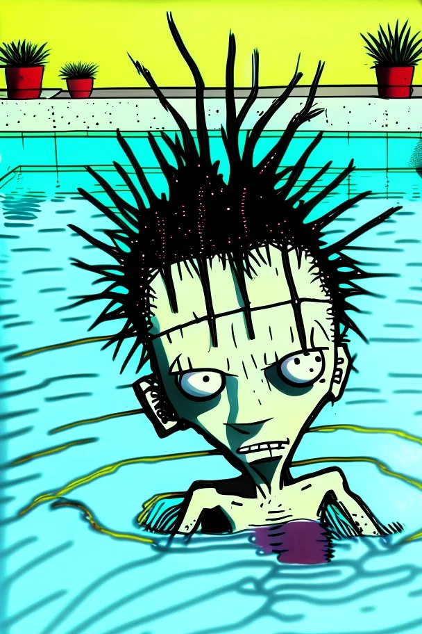 2d drawing of a stickman, cool with punk hair, x eyes like in hangman, in swimming pool, laying on hands on the side of pool, 3d realistic in colour