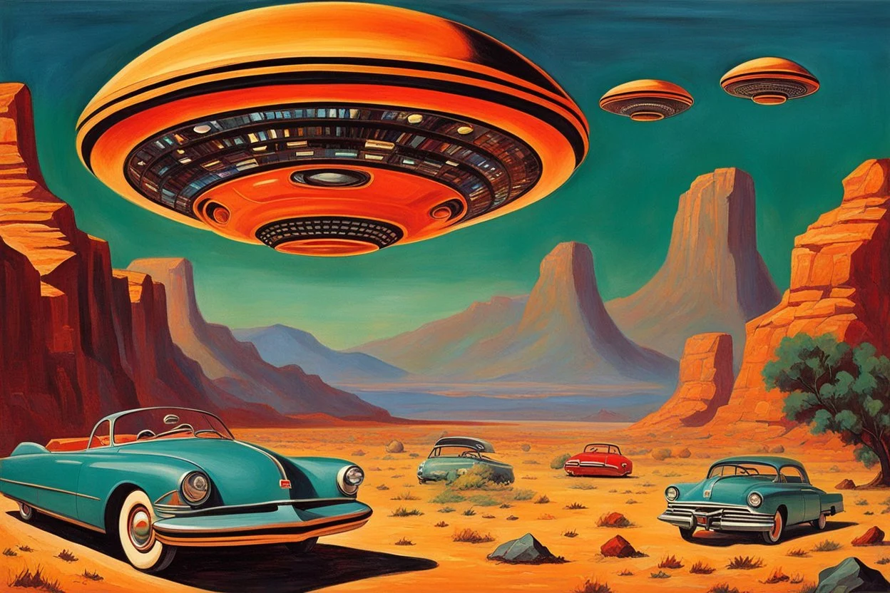 retrofuturism landscape with ufo in the sky, mountains, cars, rocks, 1950's sci-fi movies influence, henry luyten and ludwig dettman impressionism paintings