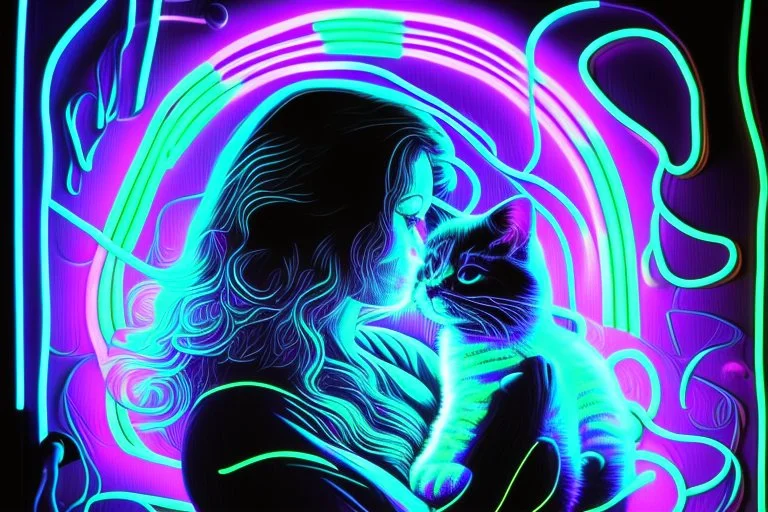 black light art, neon lines, contented brunette woman with fluffy kitten seeking something in the distance