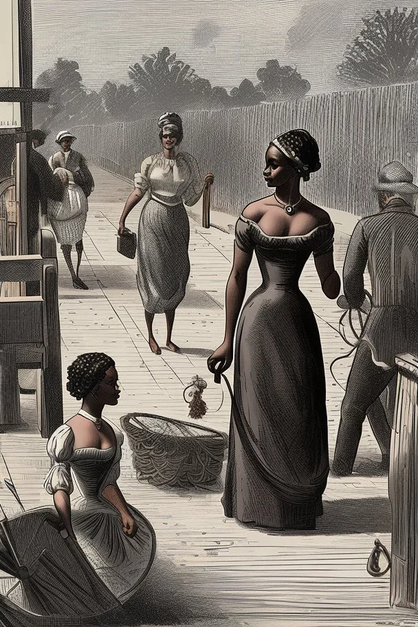 Create an image representing the "fancy girl" industry controlled by Armfield and Franklin, with scenes of transportation and trade. Depict the contrast between the lives of slaves considered "fancy girls" and other slaves during that era.