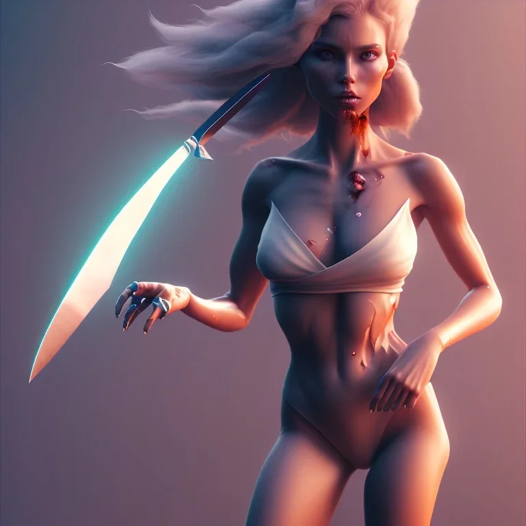 full body portrait of woman in the style of Kidmograph, Gustavo Torres, 3d sculpted, mdjrny-v4 style, highest quality render, cinema 4d, zbrush, flowing hair, perfect face, holding bloody knife, fighting stance, wearing torn bikini and military boots with perfect legs, a beautiful digital painting of futuristic cyberpunk city lighting,