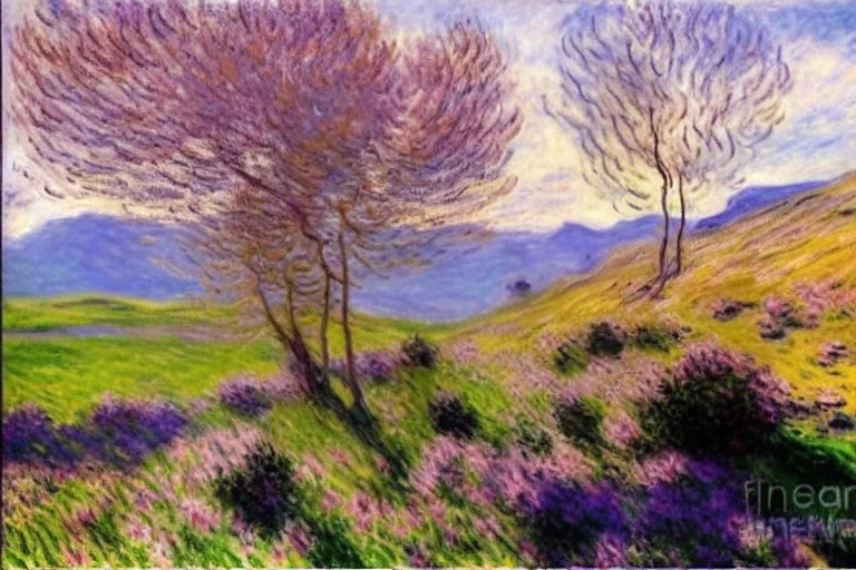 Sunny day, clouds, spring trees, spring influence, flowers, grass, prairie, stone walls, mountains, claude monet impressionism paintings