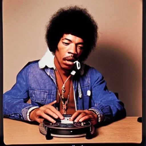 portrait of Jimi Hendrix at a turntable with headphones on being a DJ, cigarette in mouth