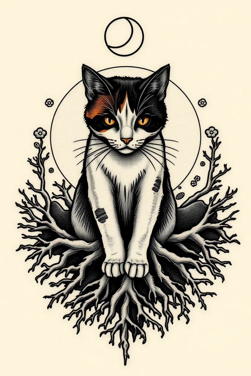 Design feminine tattoo: The centerpiece of the tattoo is a calico cat. From the paws, deep roots twist into the ground, sprawling outwards. The roots look as though they're entangled with the earth itself, symbolizing Taurus' deep connection to the planet. as a backdrop, include elements of gears A crescent moon or starry sky above the cat