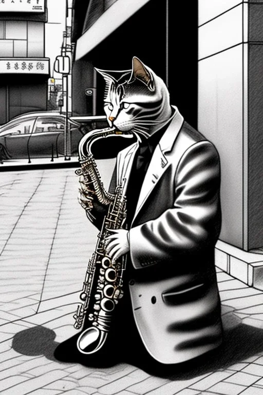 One single mature cat playing saxophone on the street, Osaka, thoughtful, mourning, model style, hyper realistic, extremely accurate, delicate, extremely detailed, Graphic novel style, wide-angle, open aperture, superfine pencil