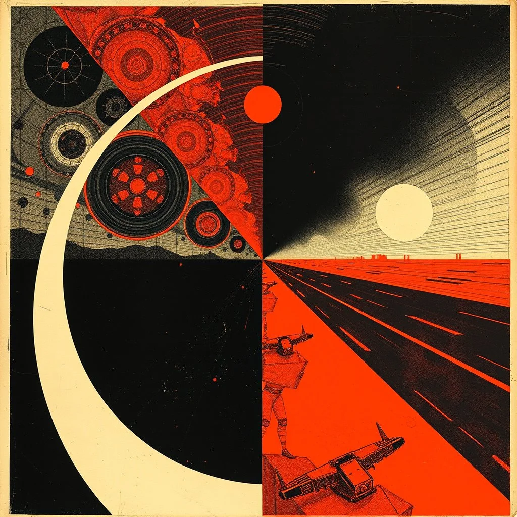 tragedy of the commons regressive overlapping timeline looping, abstract art vs sci-fi art, by Graham Sutherland and Dave McKean, by Victor Pasmore, mind-bending illustration; album cover art, asymmetric, Braille language glyphs, dark shines geometry, red and orange and black color scheme