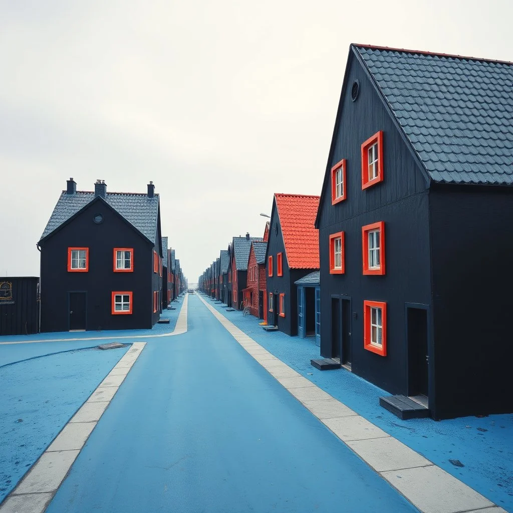 Fotografia di strada assurda e falsa orripilante blu weirdcore dai colori vivaci. Yves Tanguy. Non luogo falso, inusuale. Max Ernst. Le case sono false e dipinte di nero chiaro con cose stilizzate e dettagli. Ci sono finestrelle false quadrate, che danno un senso distopico e molto surreale, disposte in modo casuale. L'atmosfera generale sembra noiosa e onirica, con un contrasto tra elementi reali ed elementi dipinti falsi, on the shore, René Magritte, oddest things