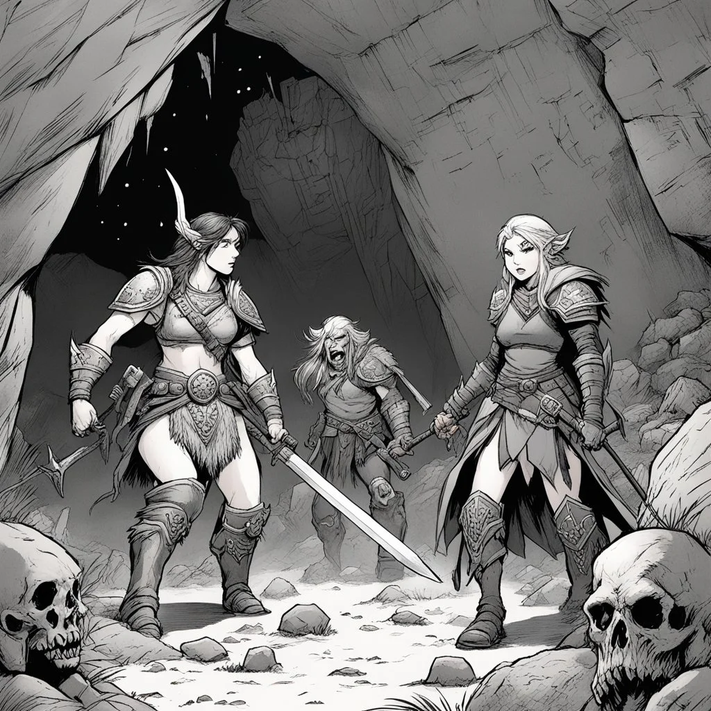 [comic book art by Le Tendre et Loisel (la quite de l oiseau du temps)] two woman warrior after a battle in a cave surrounded by dead bodies of orcs and goblins