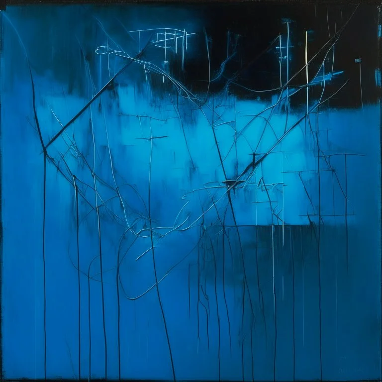 Minimal abstract oil painting of bright blue with random words. hanging wires illuminated at night. In the style of Justin Mortimer and Phil Hale and Ashley Wood