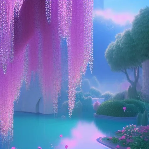 a pink castle, magical crystal pink castel, vertical light, pink and blue wisteria , pink vertical, blue lake,sharp, background vertical blue gradient vertical, elegant, highly detailed, artstation, concept art, smooth, sharp focus, illustration, 8k, splash art, wallpaper, key visual