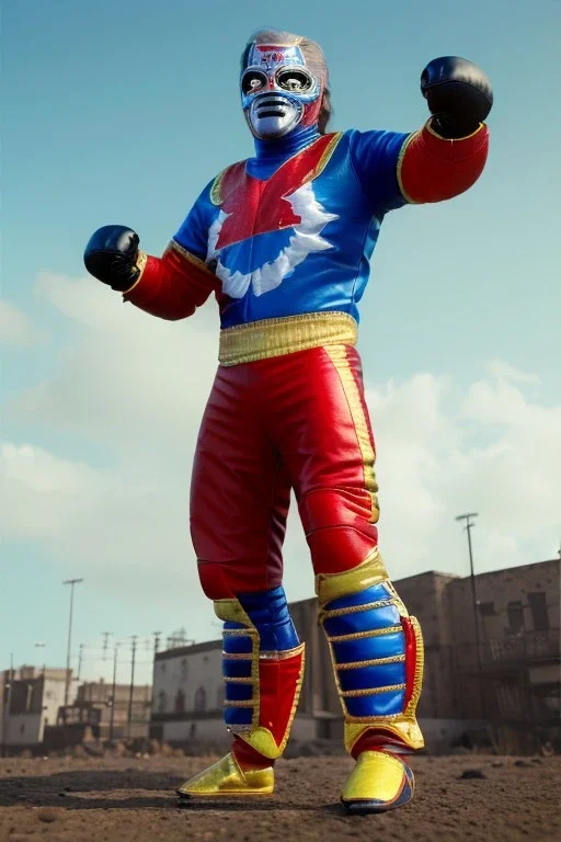 realistic image of joe biden as a mexican wrestling fighter posing, Mexican eyes wrestling mask, red and blue breeches, retro style, 80s, vibrant color, highly detailed, sky background, concept art, unreal engine 5, god rays, ray tracing, RTX, lumen lighting, ultra detail, volumetric lighting, 3d, finely drawn, high definition, high resolution.