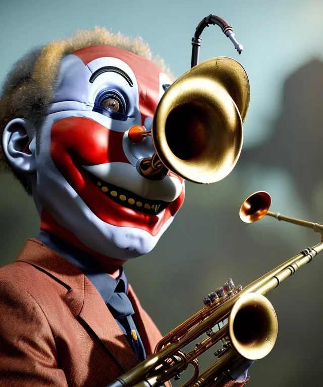 mechanoid smiling friendly clown playing jazz with a steampunk theme, trumpet, realistic