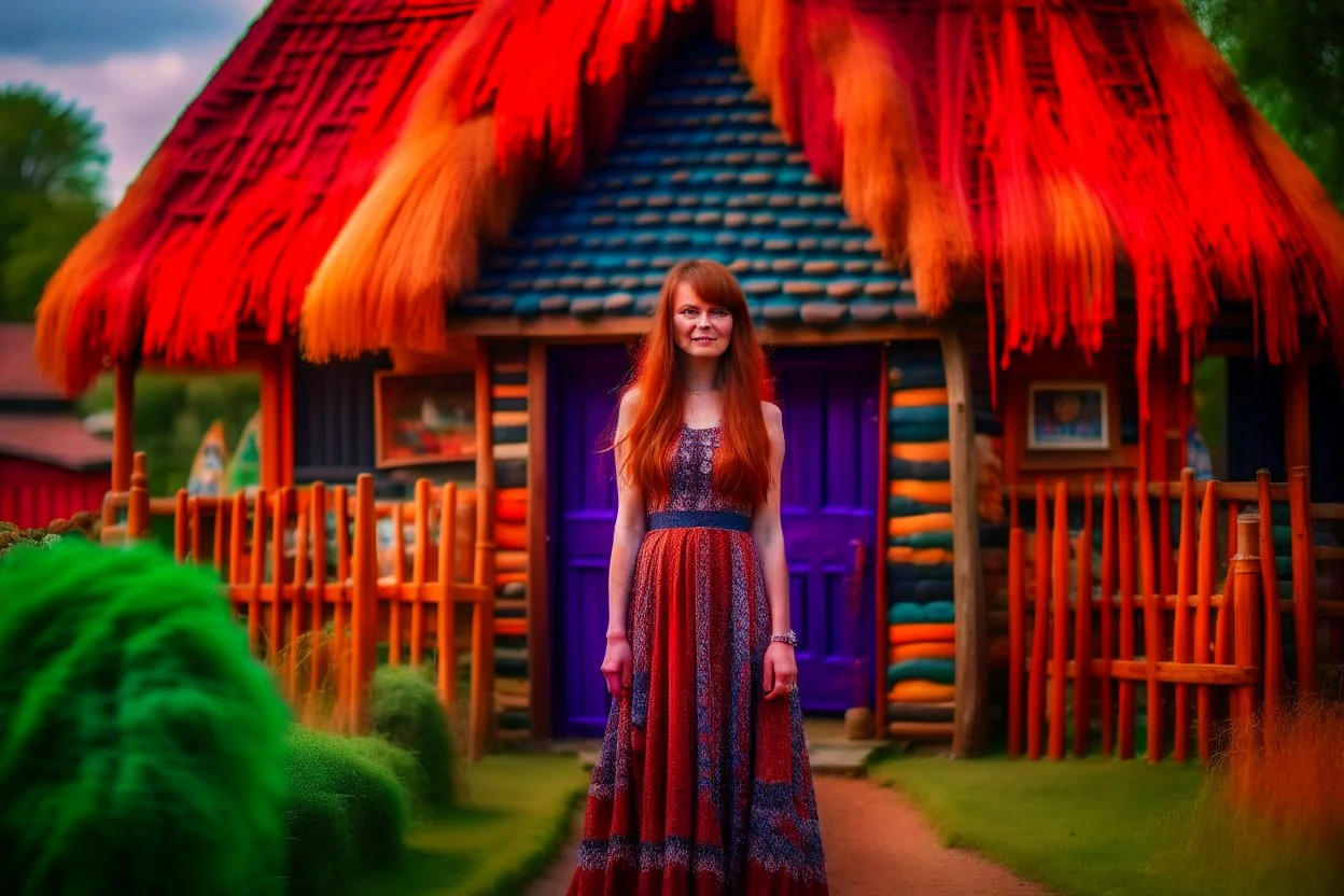 Full body shot of a tall slim pretty, red-headed young woman, dressed in a long flowing colourful dress, standing in front of a row of cottages and shops with thatched roofs, casting runes in the air