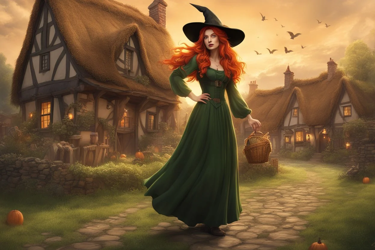 Full body shot of a tall slim pretty, red-headed young female witch, casting magical glowing symbols into the air, dressed in a long flowing green dress, standing in front of a row of cottages and shops with thatched roofs