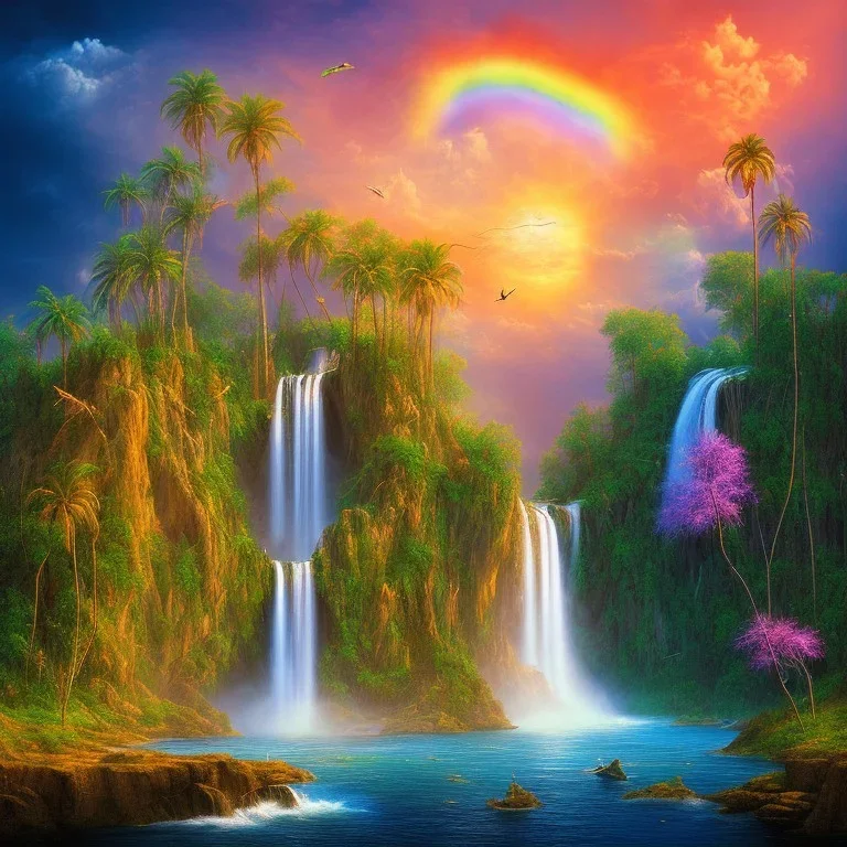  island waterfall palms twigs spring sunset rainbow bridge birds