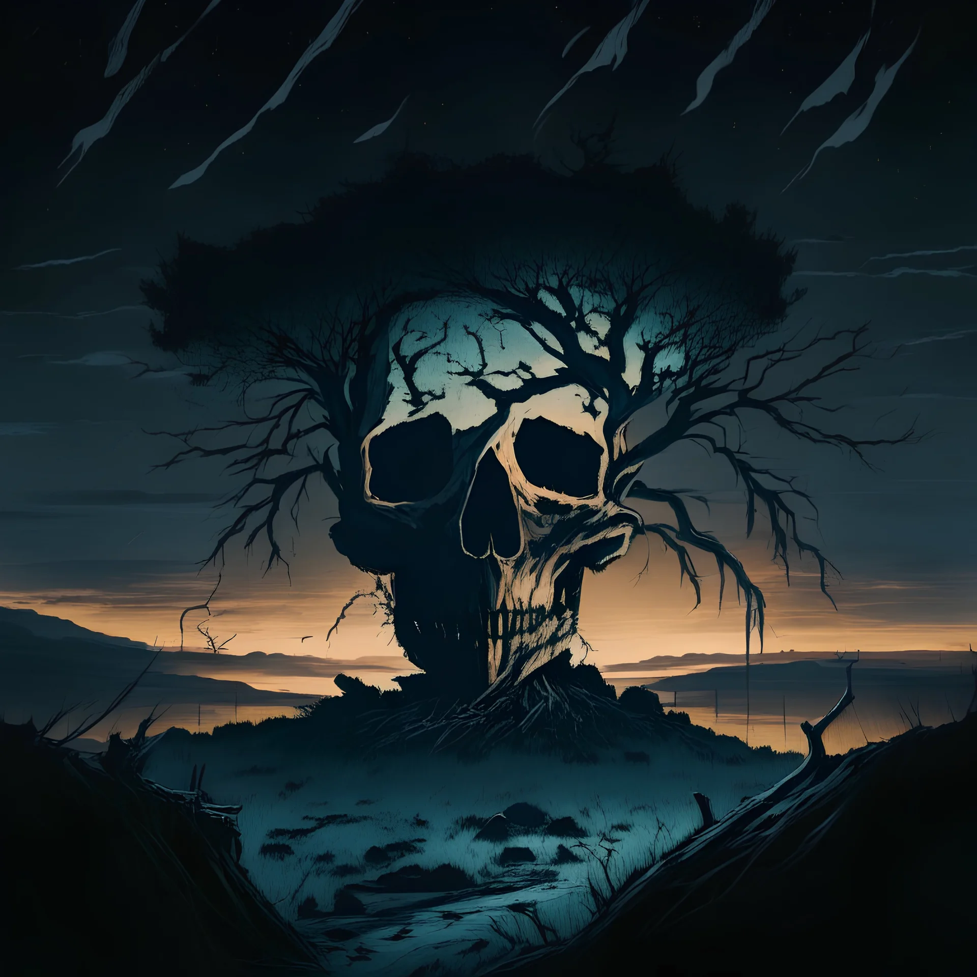 a human skull front view in a desolate night landscape with a tree coming through it, semi-realistic, drawing, dark, old, abandoned, art, painting, anime style