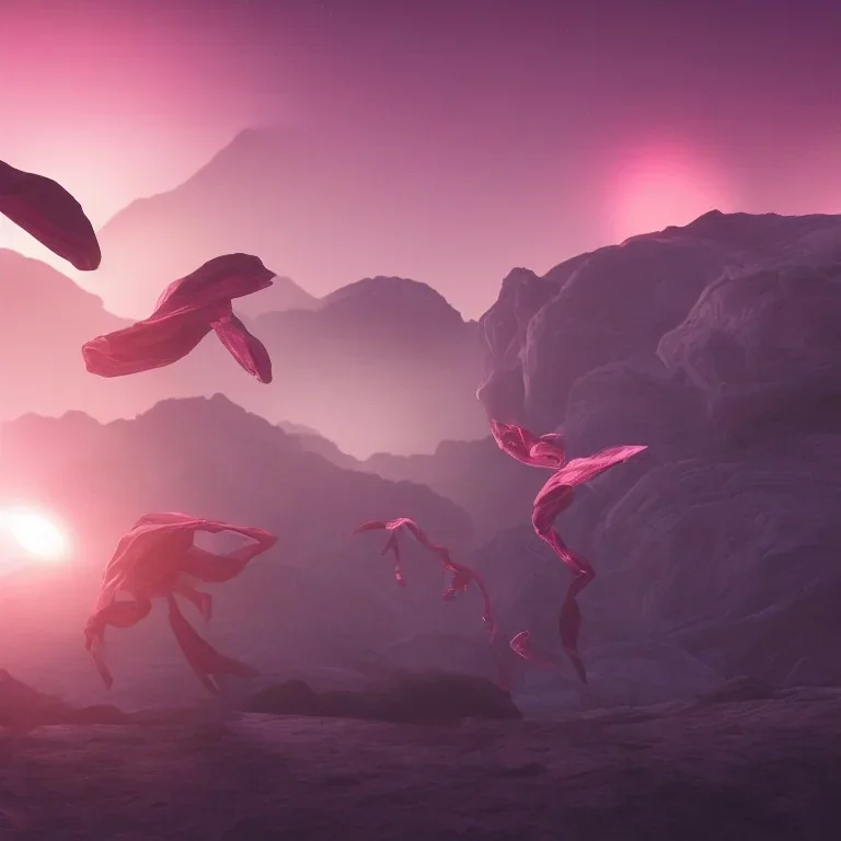 DANCING ALIENS, FLOWING FABRIC, cinematic lighting, 4k, 8k, octane render, digital concept art, ambient lighting, PINK, MOUNTAINS SUNSET