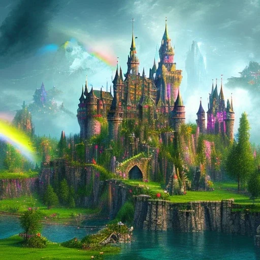 Realm of witches, strange trees, rainbow witchy castle on horizon, water made of glass, septagram